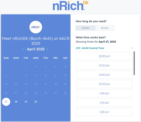 nRichDX AACR25 Book-a-meeting calendar screenshot for Landing Page_24Feb25