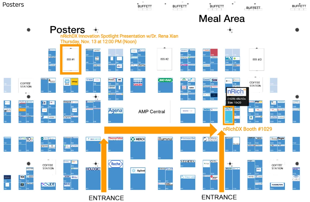 AMP 2025 exhibit hall floorplan showing nRichDX booth 1029
