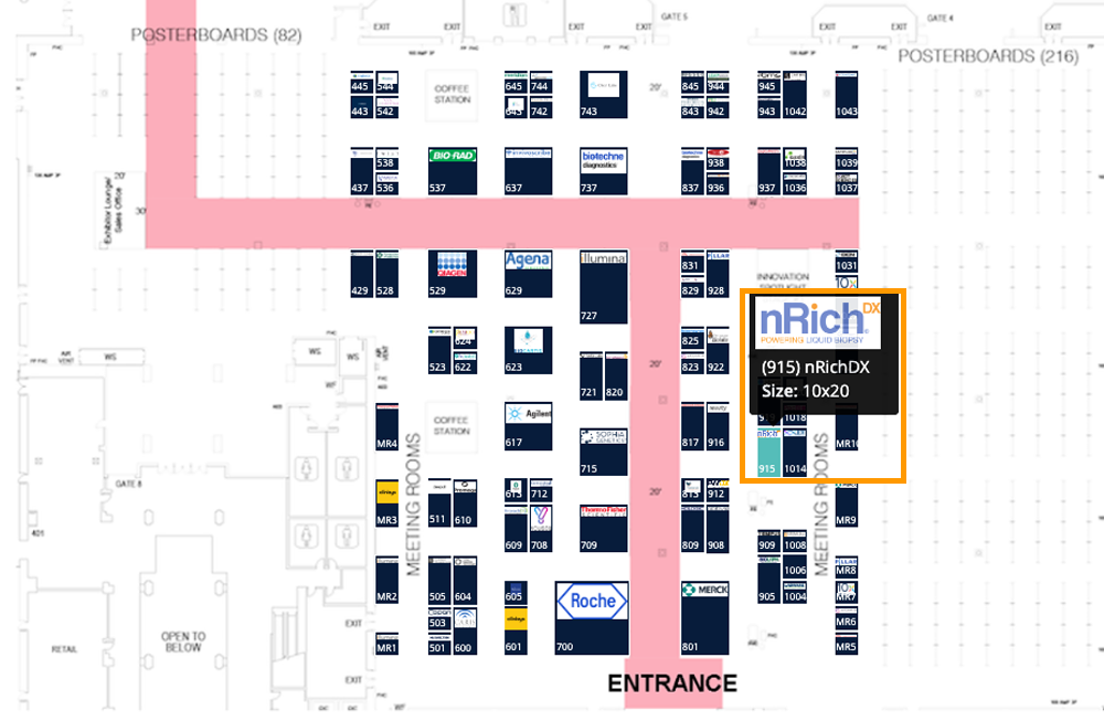 AMP exhibit hall floorplan showing nRichDX Booth 915